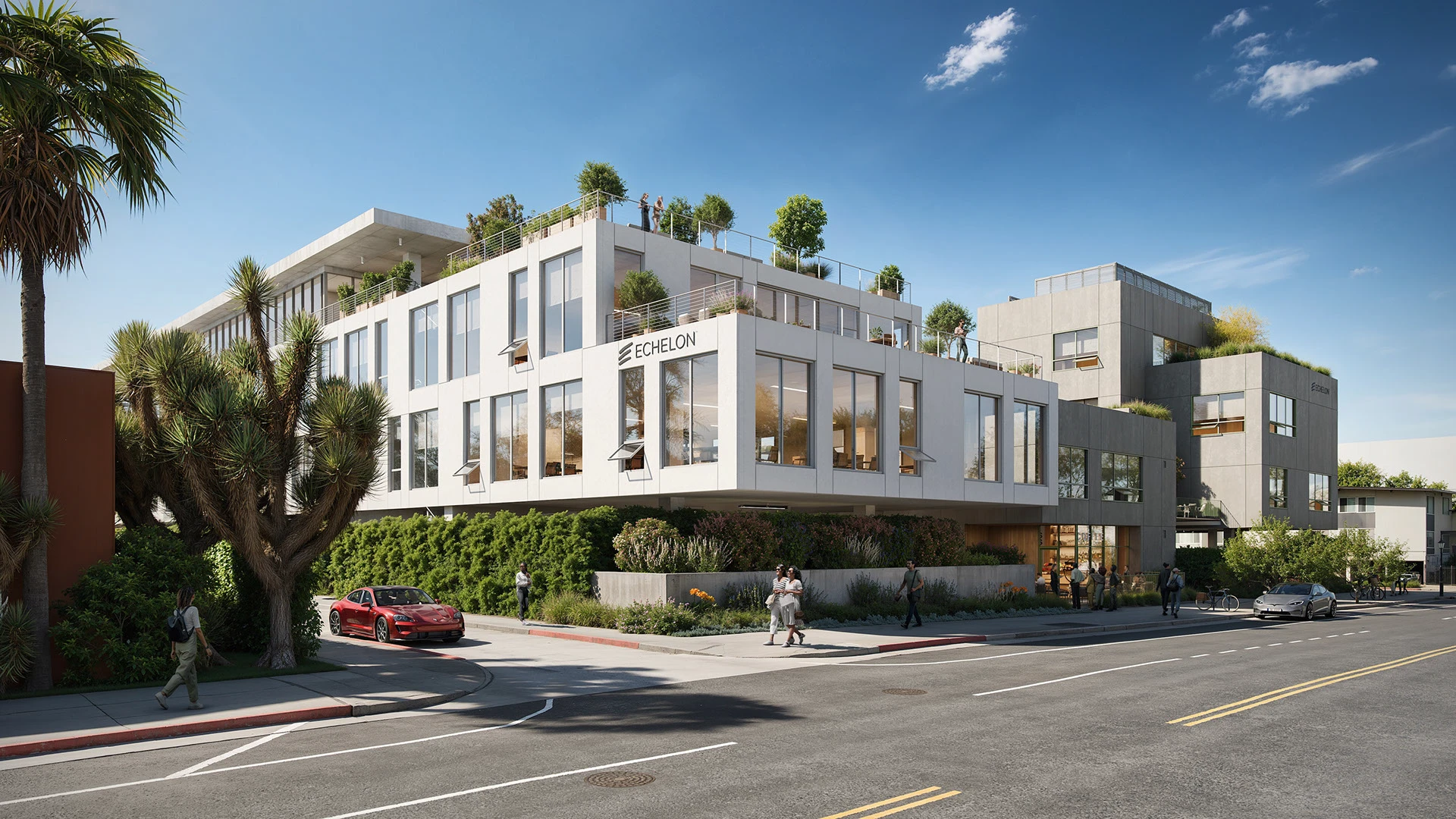 Moderno edificio de oficinas con vegetación en la fachada y techos verdes.