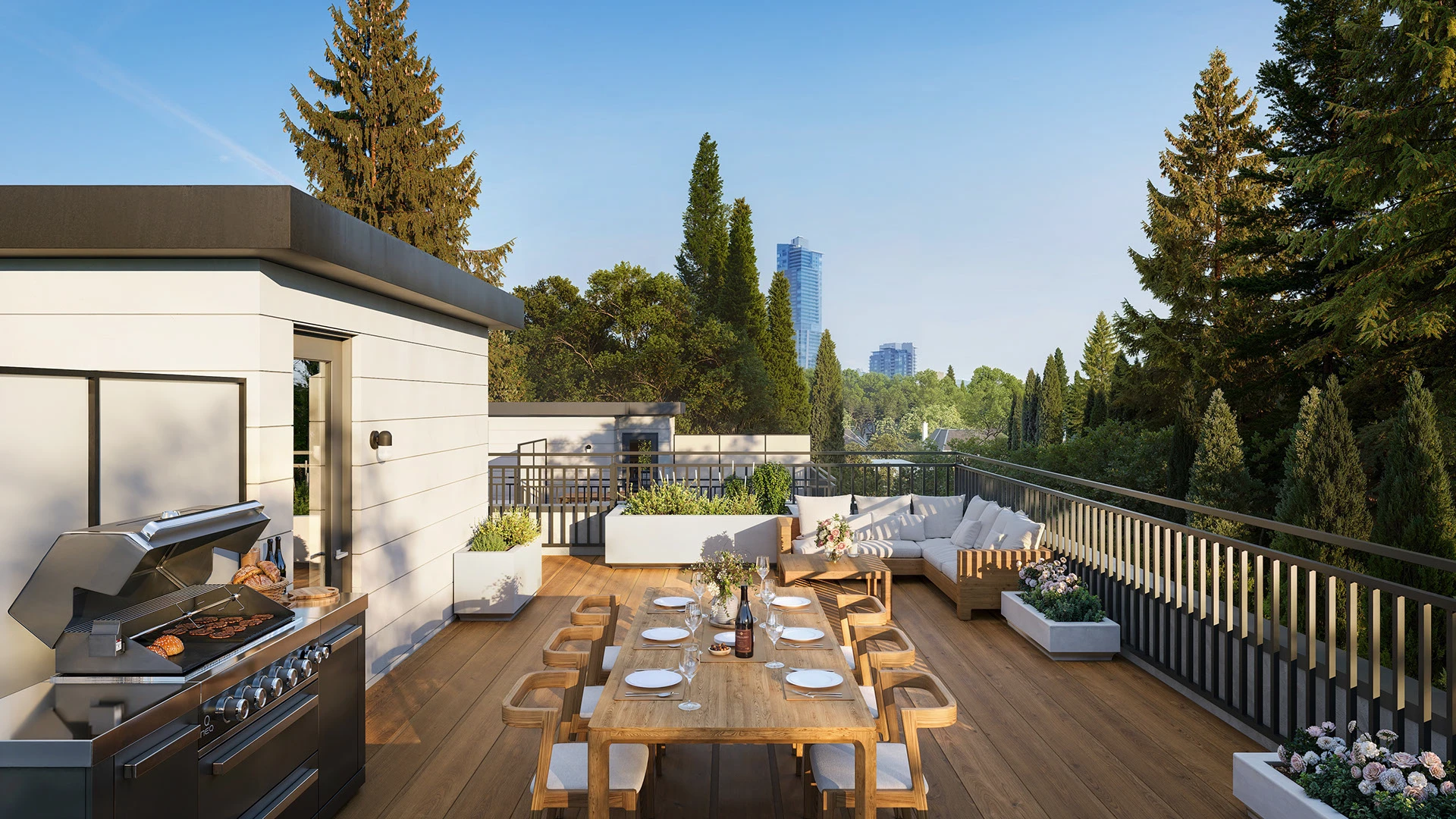 Terraza privada de lujo en un edificio residencial, con parrilla, comedor y vistas panorámicas.