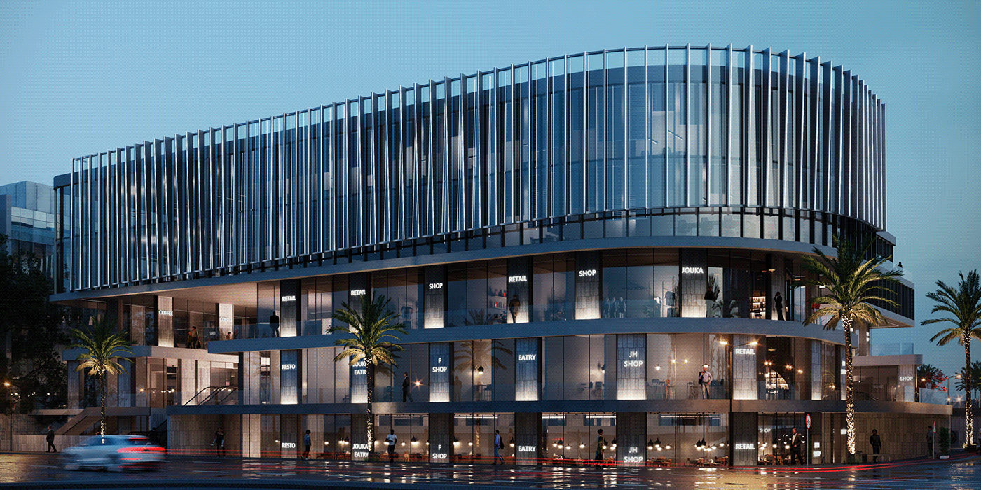 Fachada de un moderno edificio comercial con grandes ventanales y balcones.