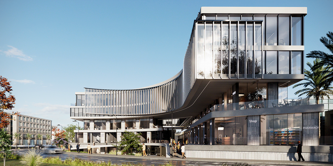 Fachada de un moderno edificio comercial y de oficinas con grandes ventanales curvos.