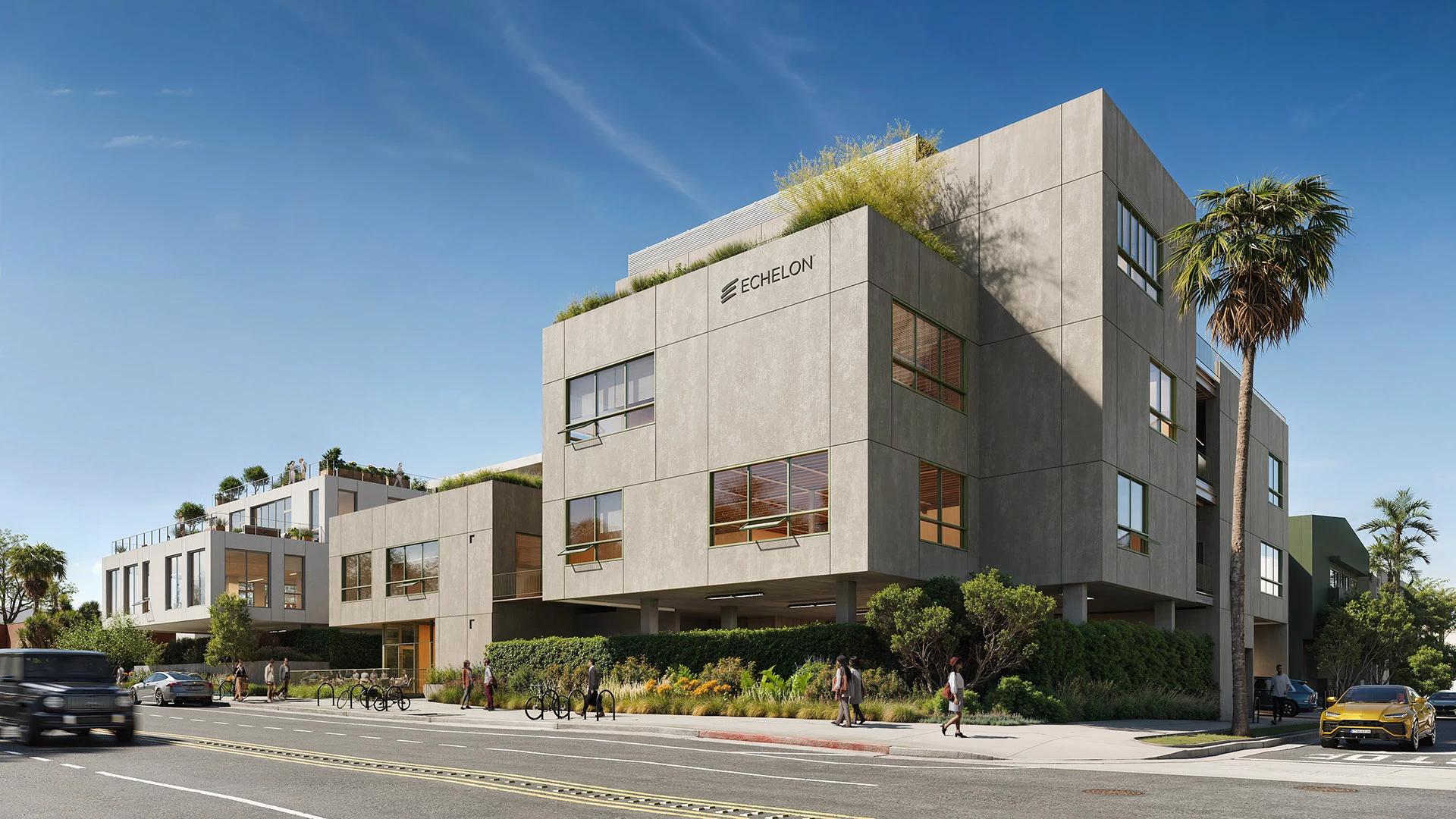 Moderno edificio de oficinas con vegetación en la fachada y techos verdes.