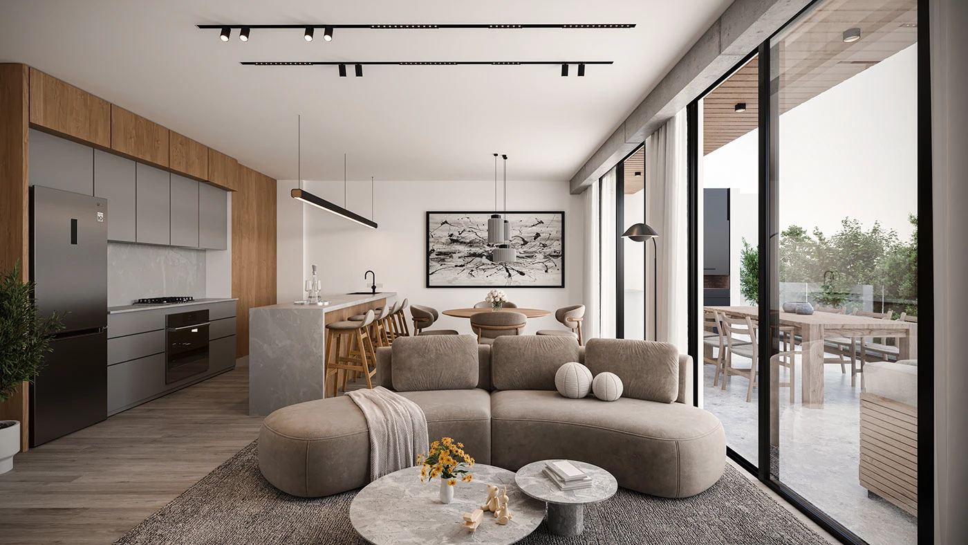 Sala, comedor y cocina de un departamento de lujo con diseño de concepto abierto y grandes ventanales.